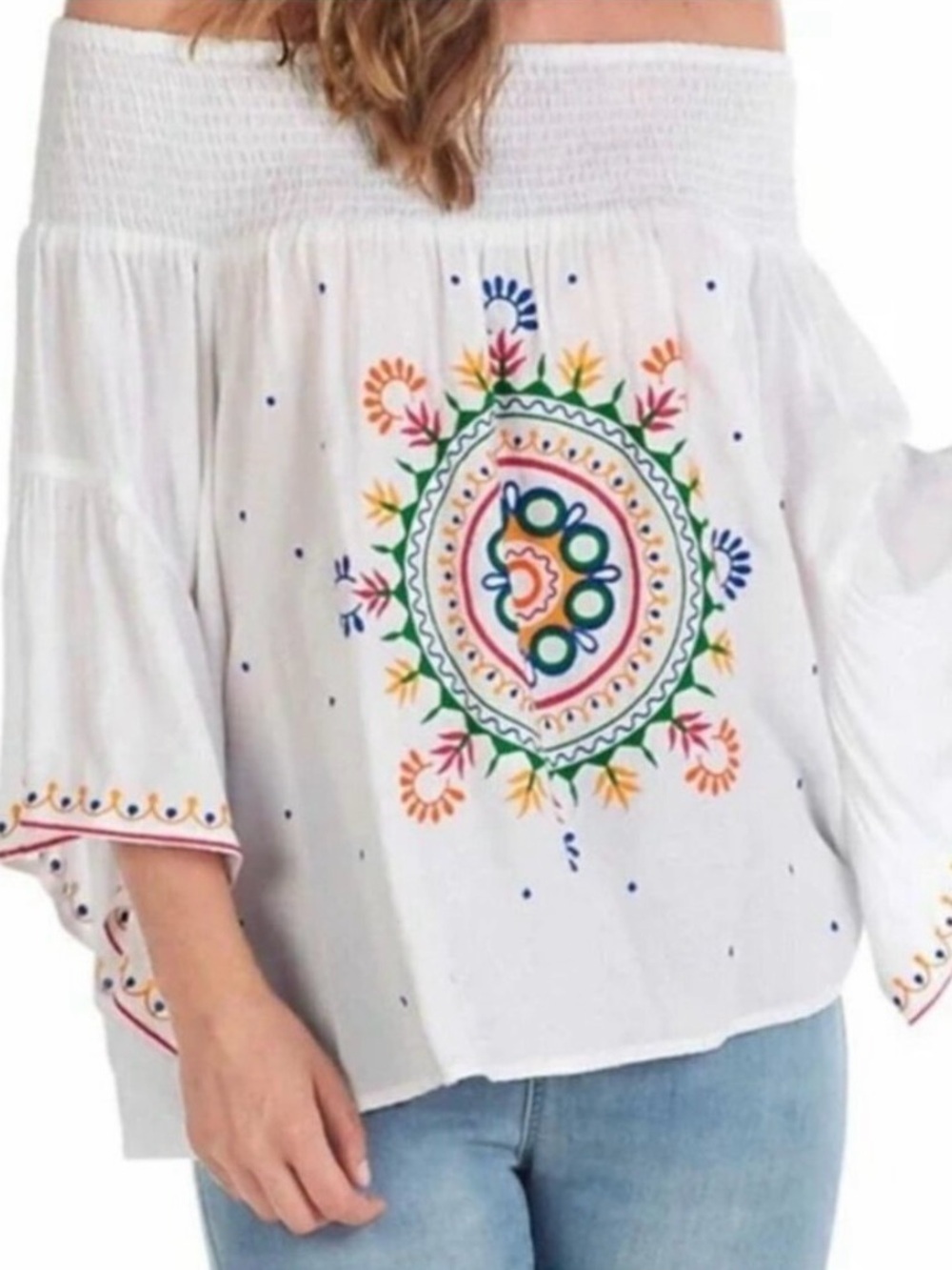 # 17) Mud Pie White Off-Shoulder Tunic with Multicolor Medallion Embroidery
